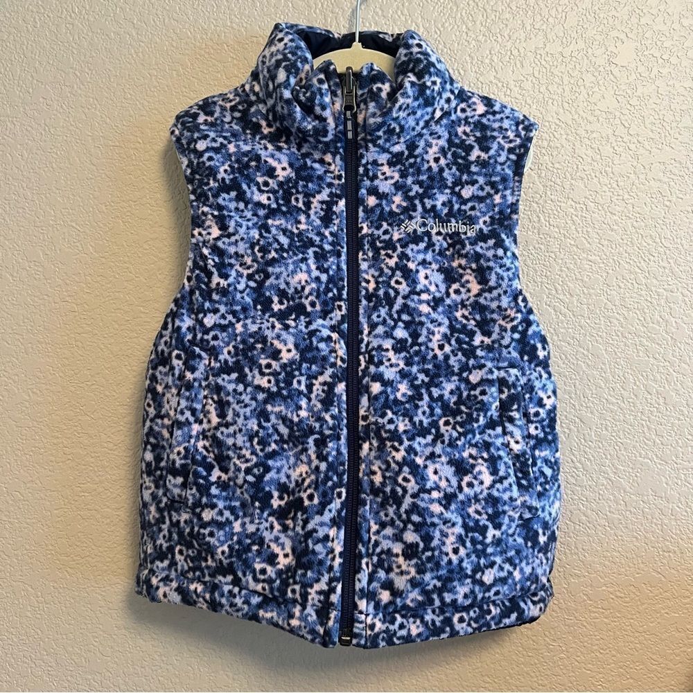 Columbia Reversible Floral Fleece Puffy Vest Girls XXS 4-5 Navy Blue EUC